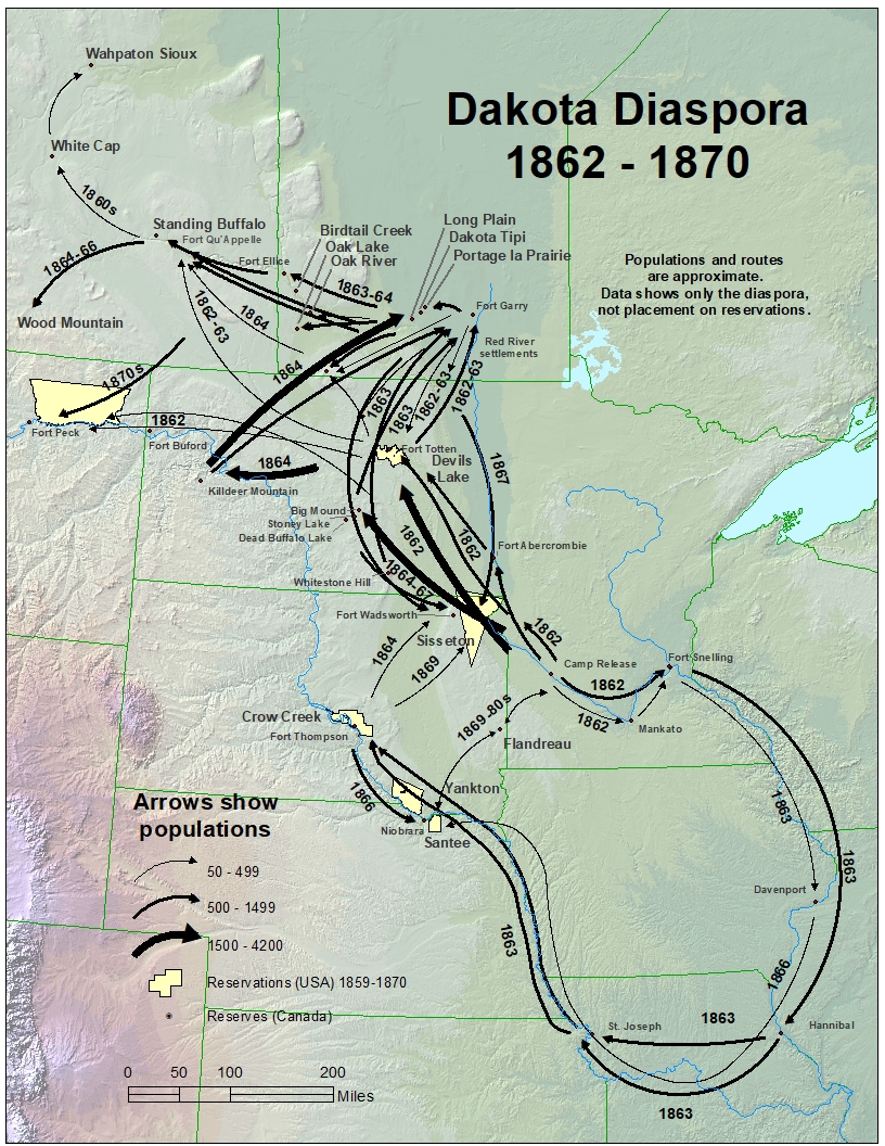 Map of the Dakota diaspora from 1862-1870, courtesy Bob Werner. 