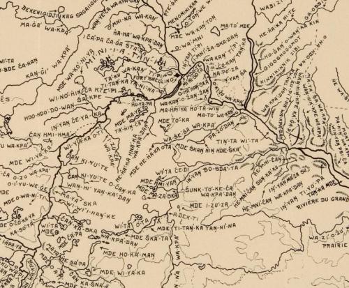 A detail of the map around the area of Bdote and Fort Snelling.