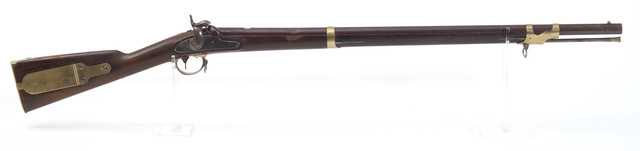 United States Model 1841 percussion .54 caliber rifle. The model became known as the "Mississippi Rifle" when it was used by a regiment of Mississippians during the Mexican American War. This rifle was disabled by bullet strike to its barrel while in use at the Battle of Birch Coulee during the 1862 Dakota War. The rifle has a walnut stock and brass mountings as well as its original iron ramrod, browned iron barrel and brass patch box on the stock. Manufactured by the New Haven Armory in Connecticut, owned by Eli Whitney Blake.