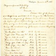 President Abraham Lincoln writes by hand the  list of 39 Dakota men to be hanged at Mankato. One man, Tatemina, was reprieved at the last minute.